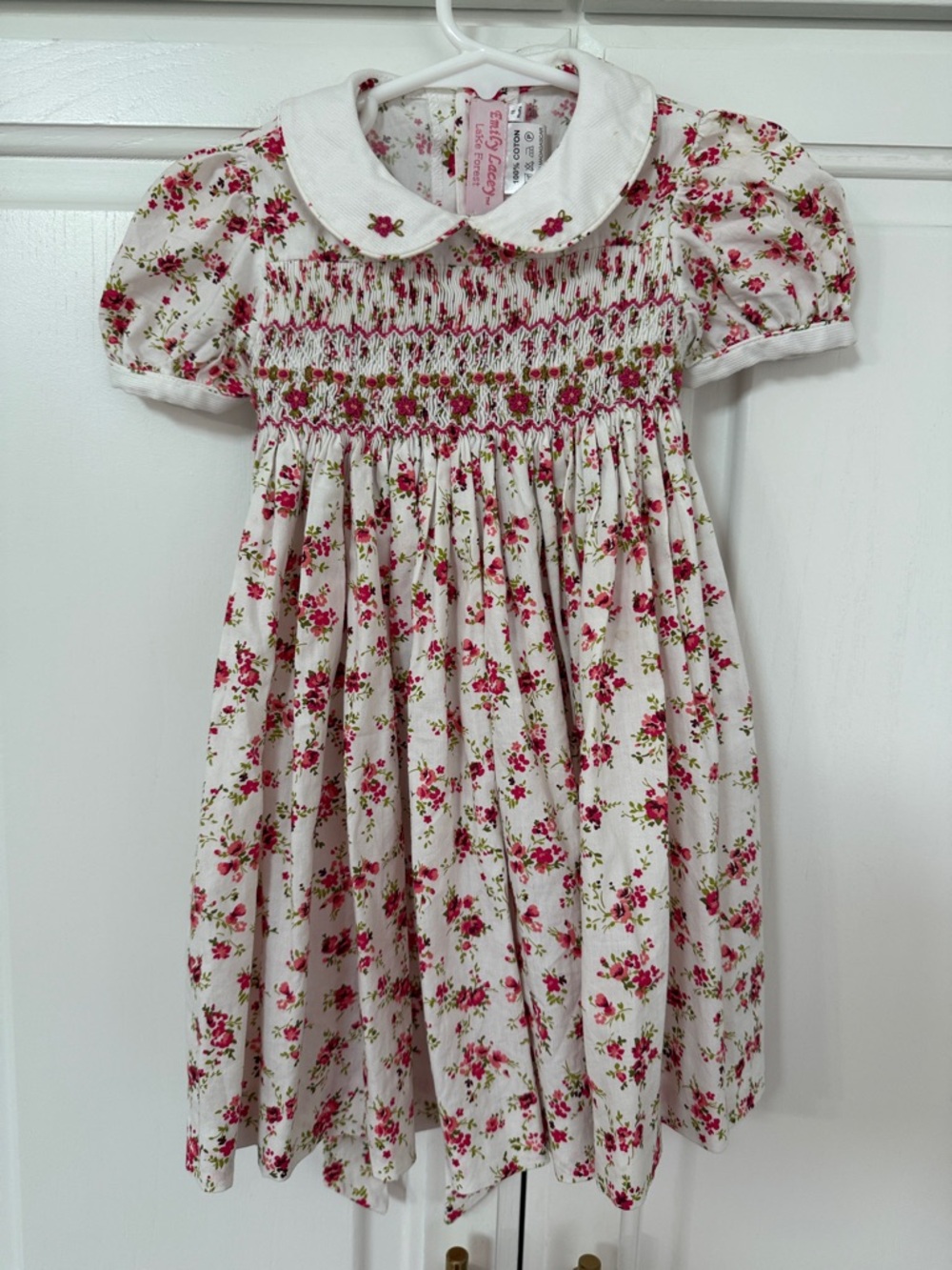 Classic White Floral Smocked Girls' Dress - Pink Rose Print